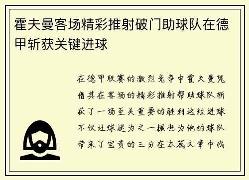 霍夫曼客场精彩推射破门助球队在德甲斩获关键进球